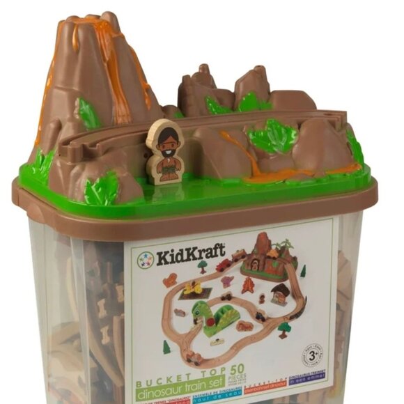 KidKraft Dinosaur Bucket Top Wooden Train Set + Plus 50 Piece Expansion Track - Picture 3 of 11